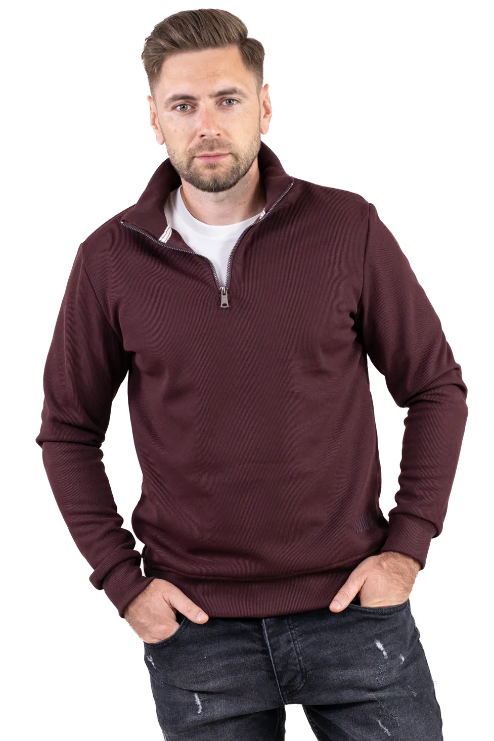 Hanorac bărbați cu fermoar și interior catifelat Plush bordo [10]