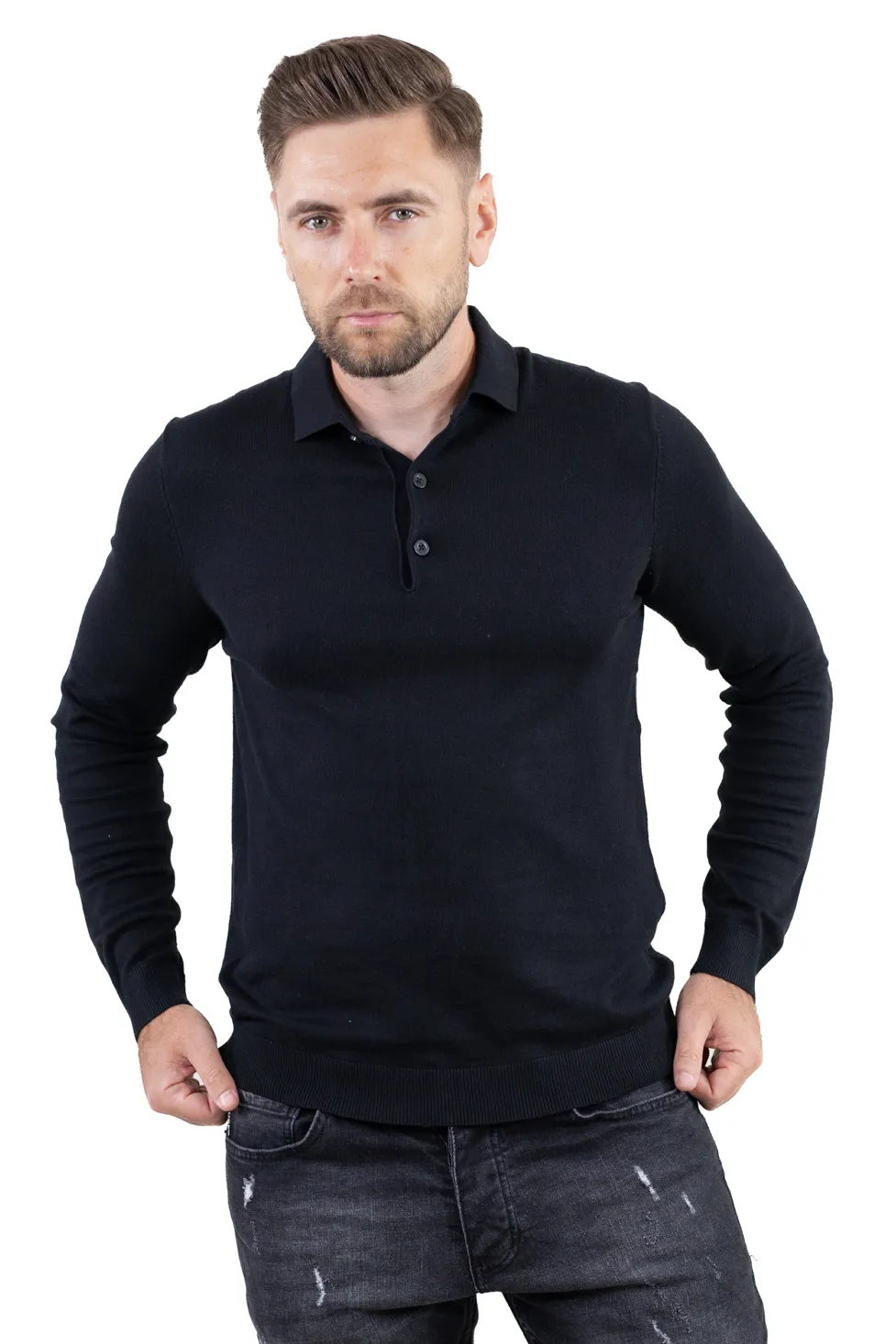 Pulover elegant tip polo pentru bărbați – negru [5]