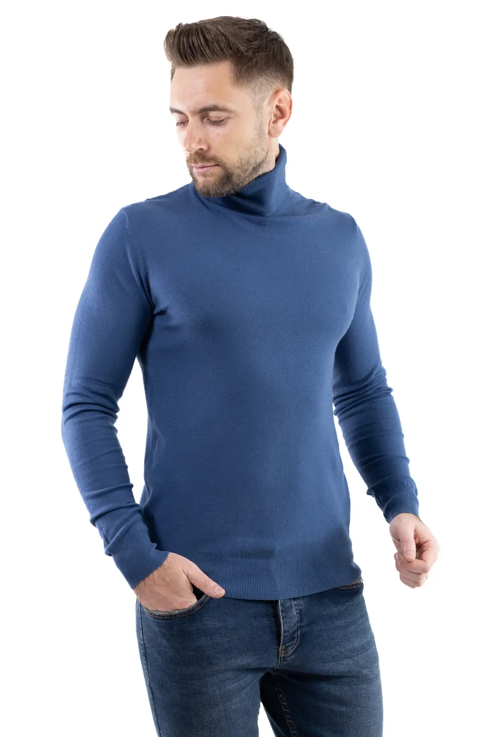 Maleta barbati albastru denim cu guler inalt [5]