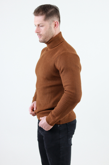 Pulover maro gros din tricot cu guler inalt barbati [4]