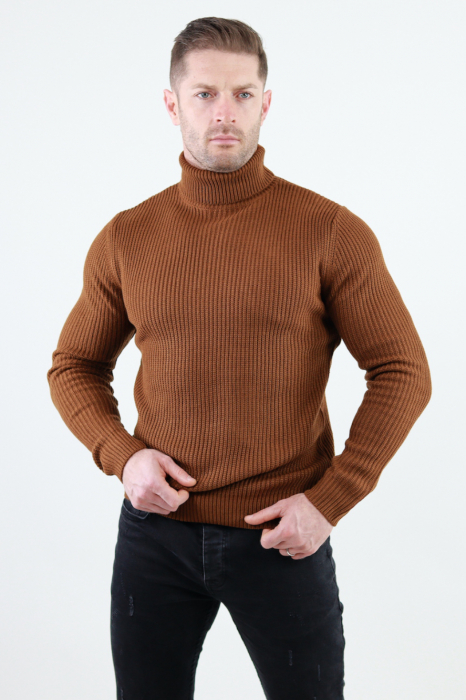 Pulover maro gros din tricot cu guler inalt barbati [5]