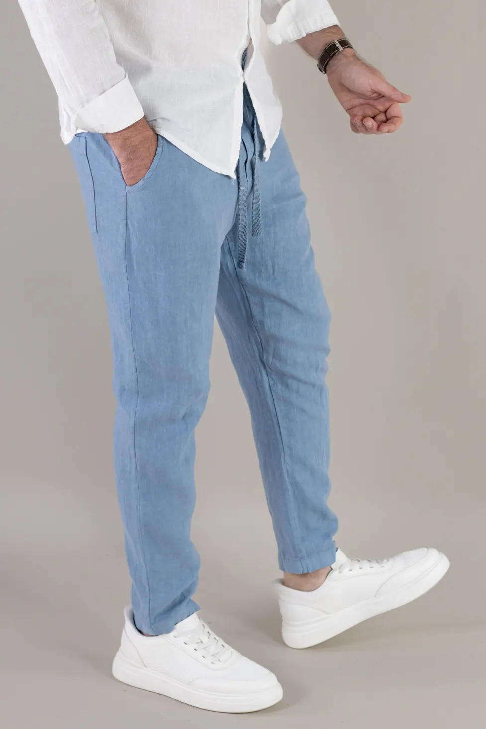 Pantaloni albastru ciel din in 100% conici – Made in Italy [2]