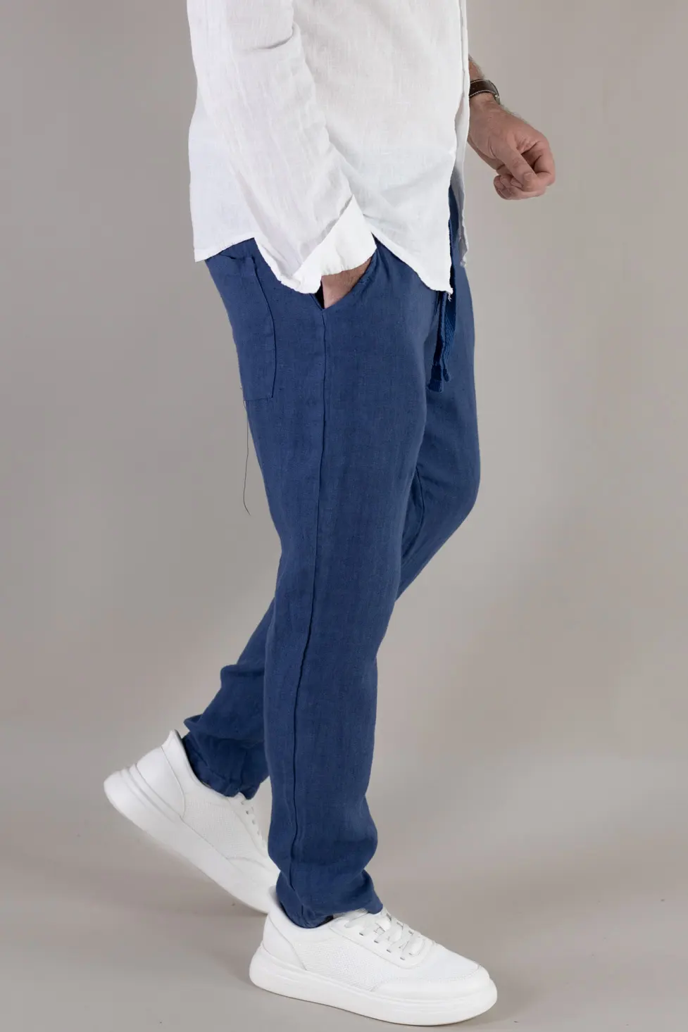 Pantaloni bleumarin din in 100% conici – Made in Italy [5]