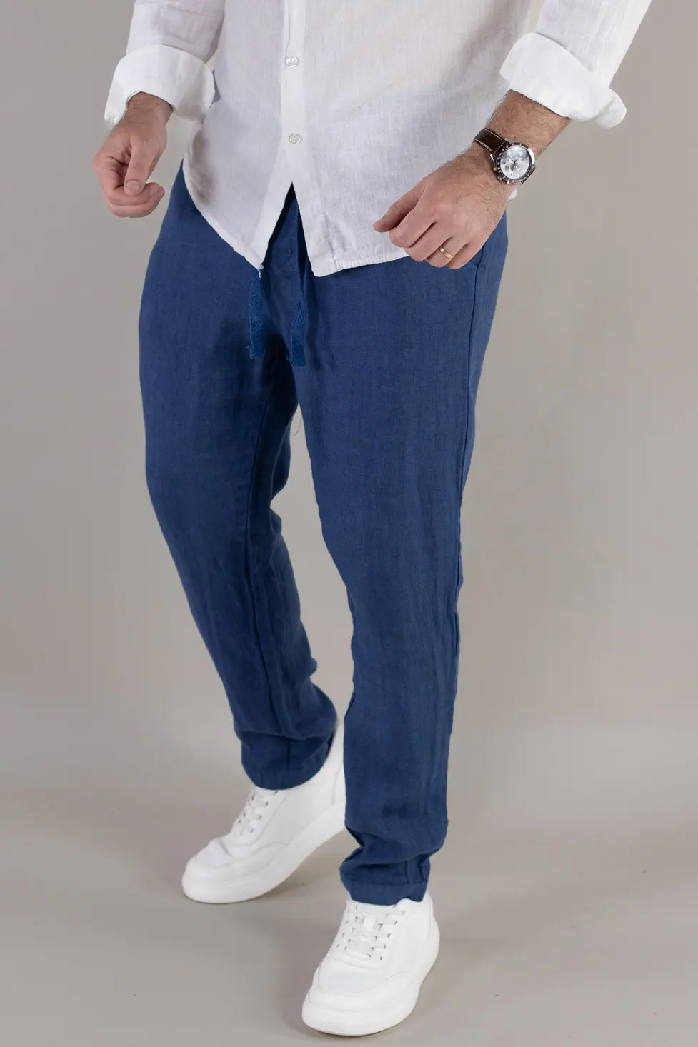 Pantaloni bleumarin din in 100% conici – Made in Italy [2]