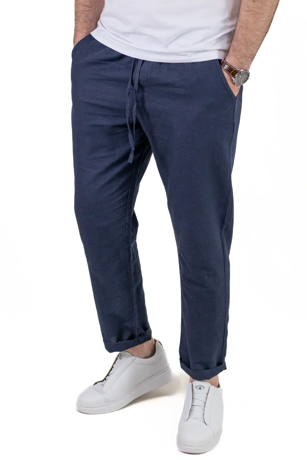 Pantaloni Bărbați In și Bumbac, Regular Fit, Talie Elastică cu Șnur, Bej/Cream, Colecția de Vară [4]