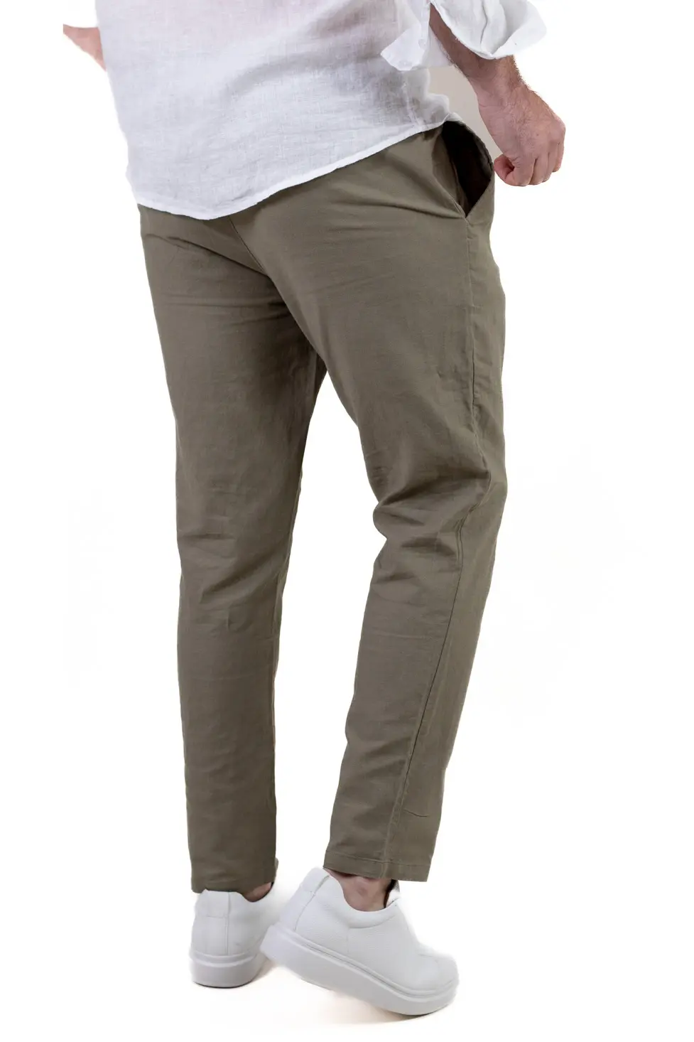 Pantaloni barbati de vară din in si bumbac verde militar [5]