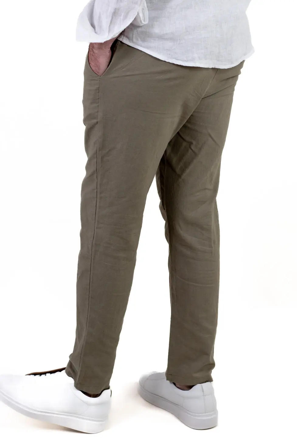 Pantaloni barbati de vară din in si bumbac verde militar [3]