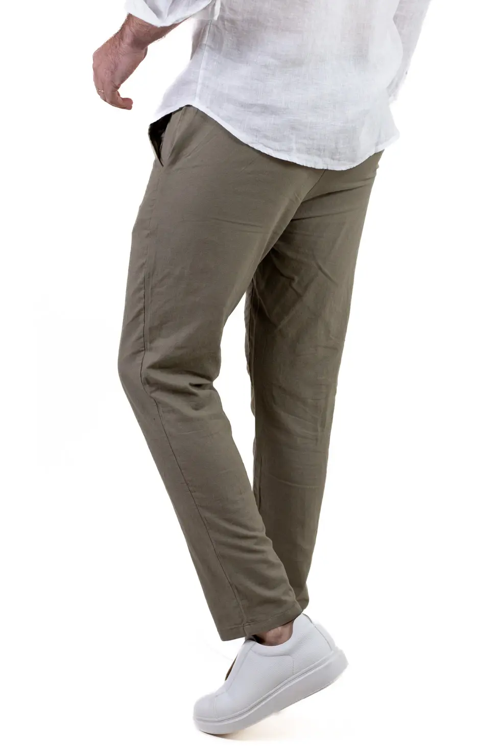Pantaloni barbati de vară din in si bumbac verde militar [4]