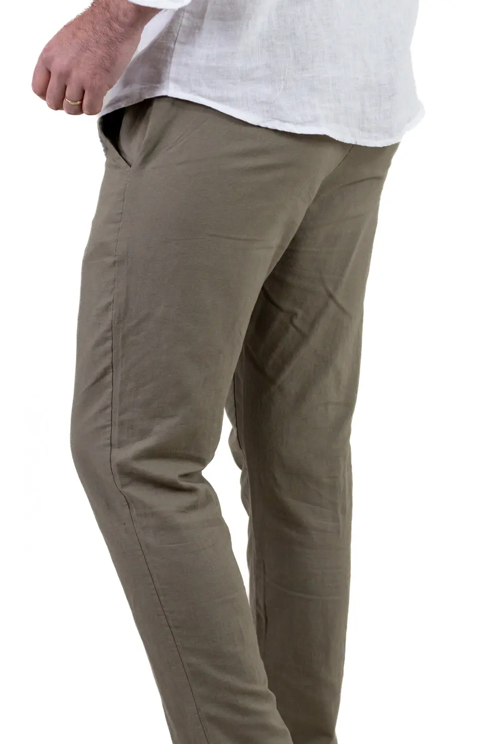 Pantaloni barbati de vară din in si bumbac verde militar [2]