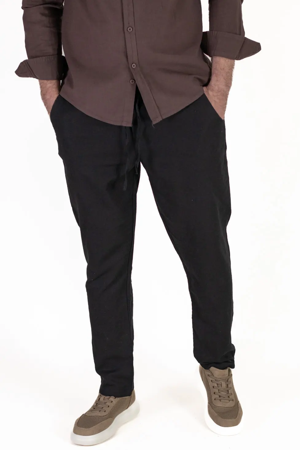 Pantaloni Bărbați In și Bumbac, Regular Fit, Talie Elastică cu Șnur, Bej/Cream, Colecția de Vară [5]