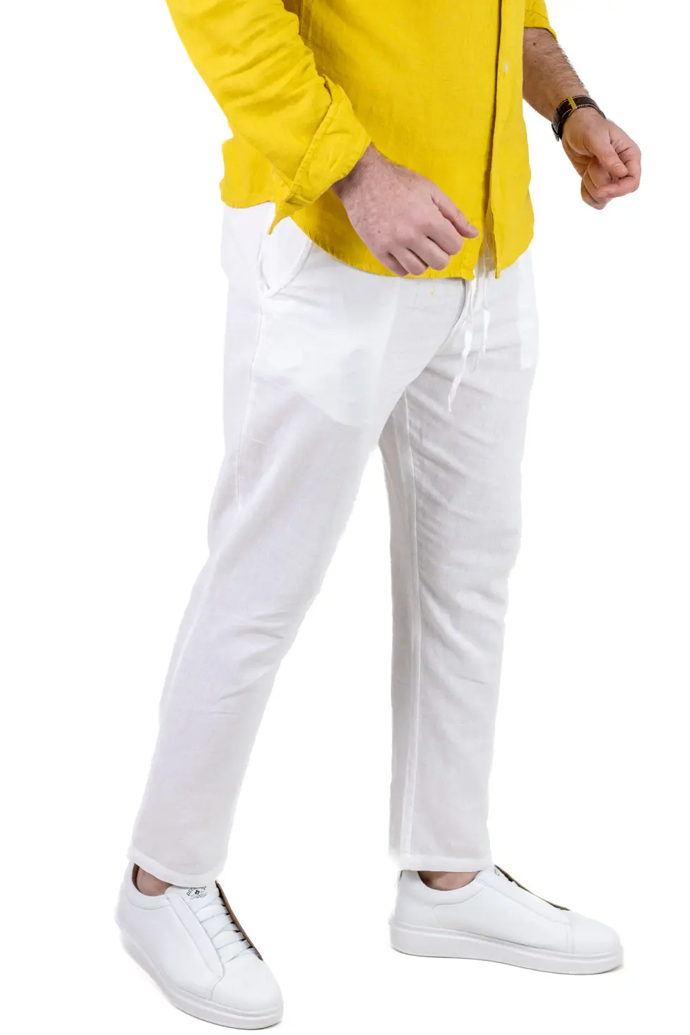 Pantaloni Bărbați In și Bumbac, Regular Fit, Talie Elastică cu Șnur, Bej/Cream, Colecția de Vară [2]