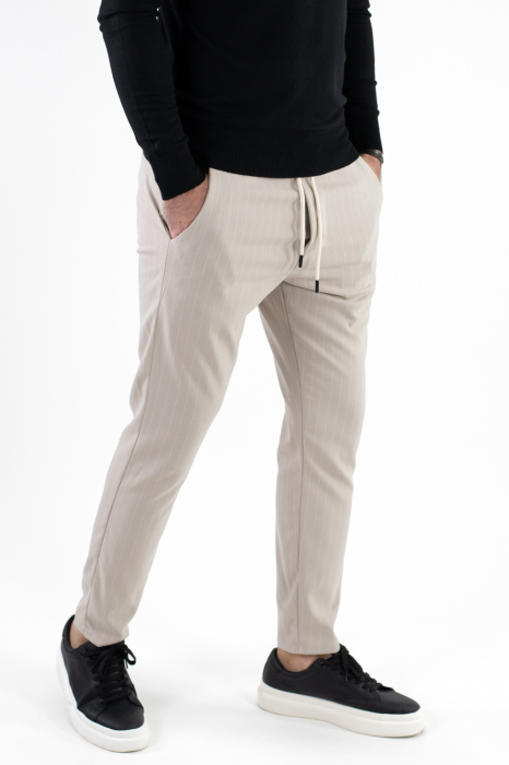Pantaloni crem casual cu dungi albe [6]