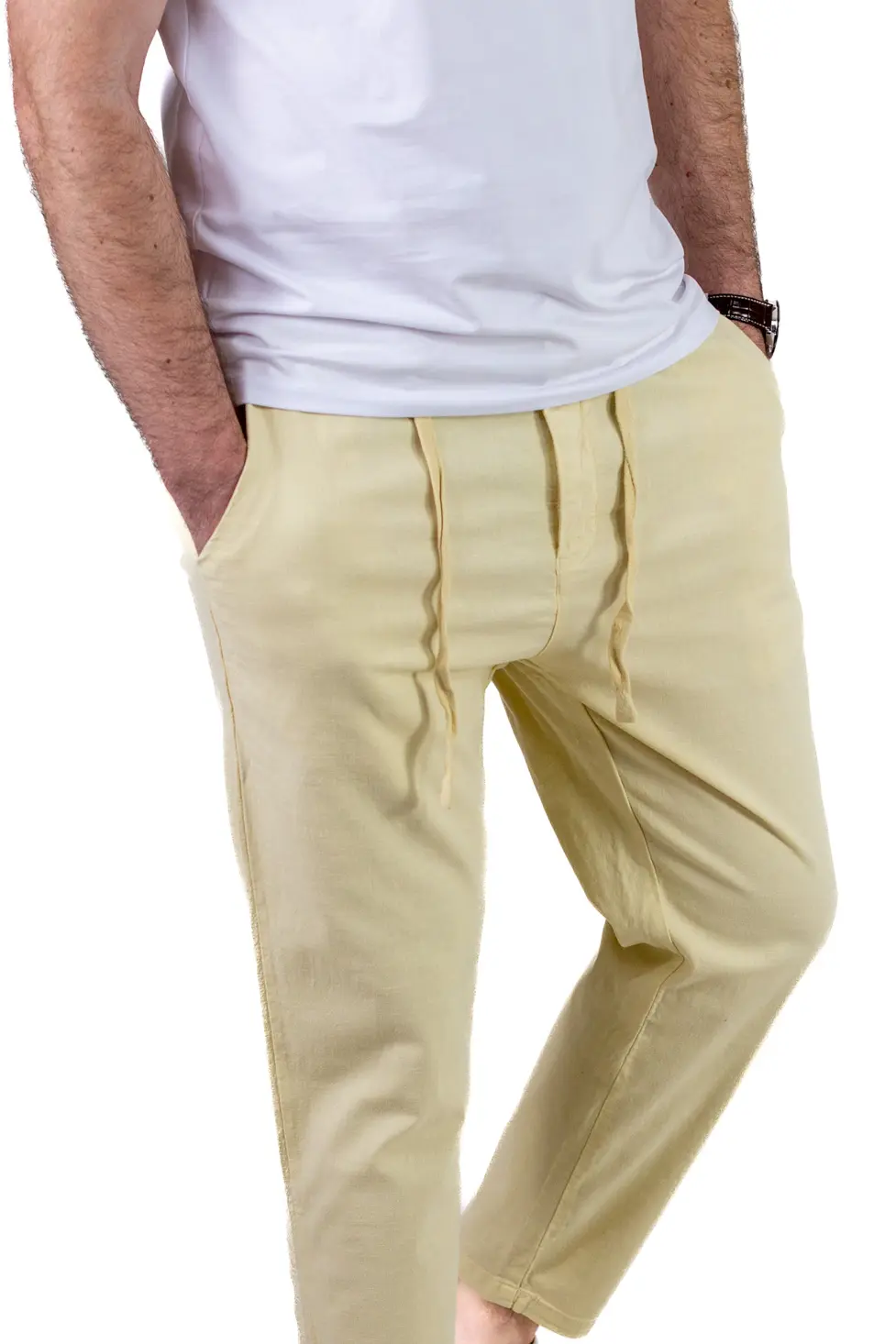 Pantaloni Vară Bărbați Chino, Bumbac 100%, Talie Elastică cu Șnur, lime. [6]