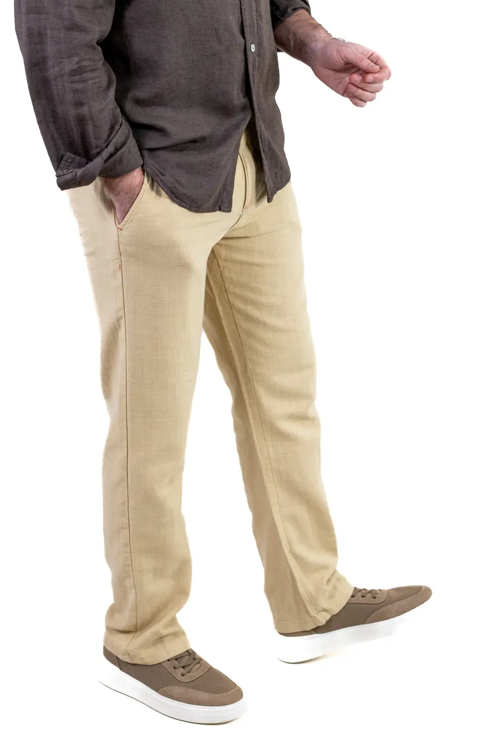 Pantaloni Bărbați Vară Regular Fit, 100% Bumbac, Talie Elastică, Bej [5]