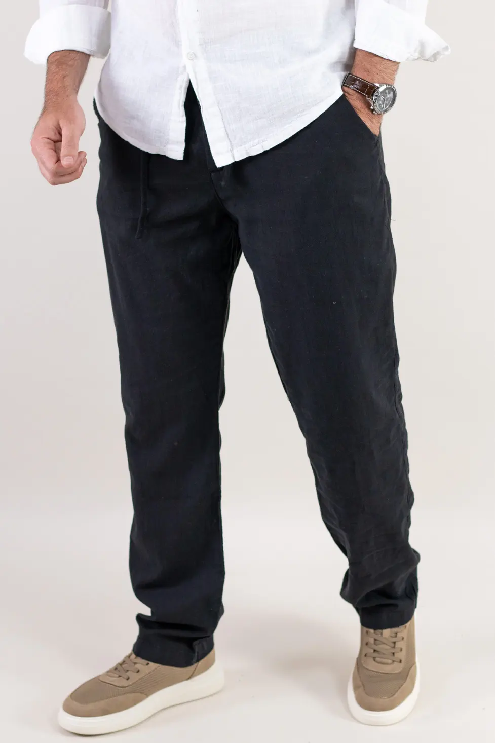 Pantaloni din in și bumbac regular fit – negri [4]