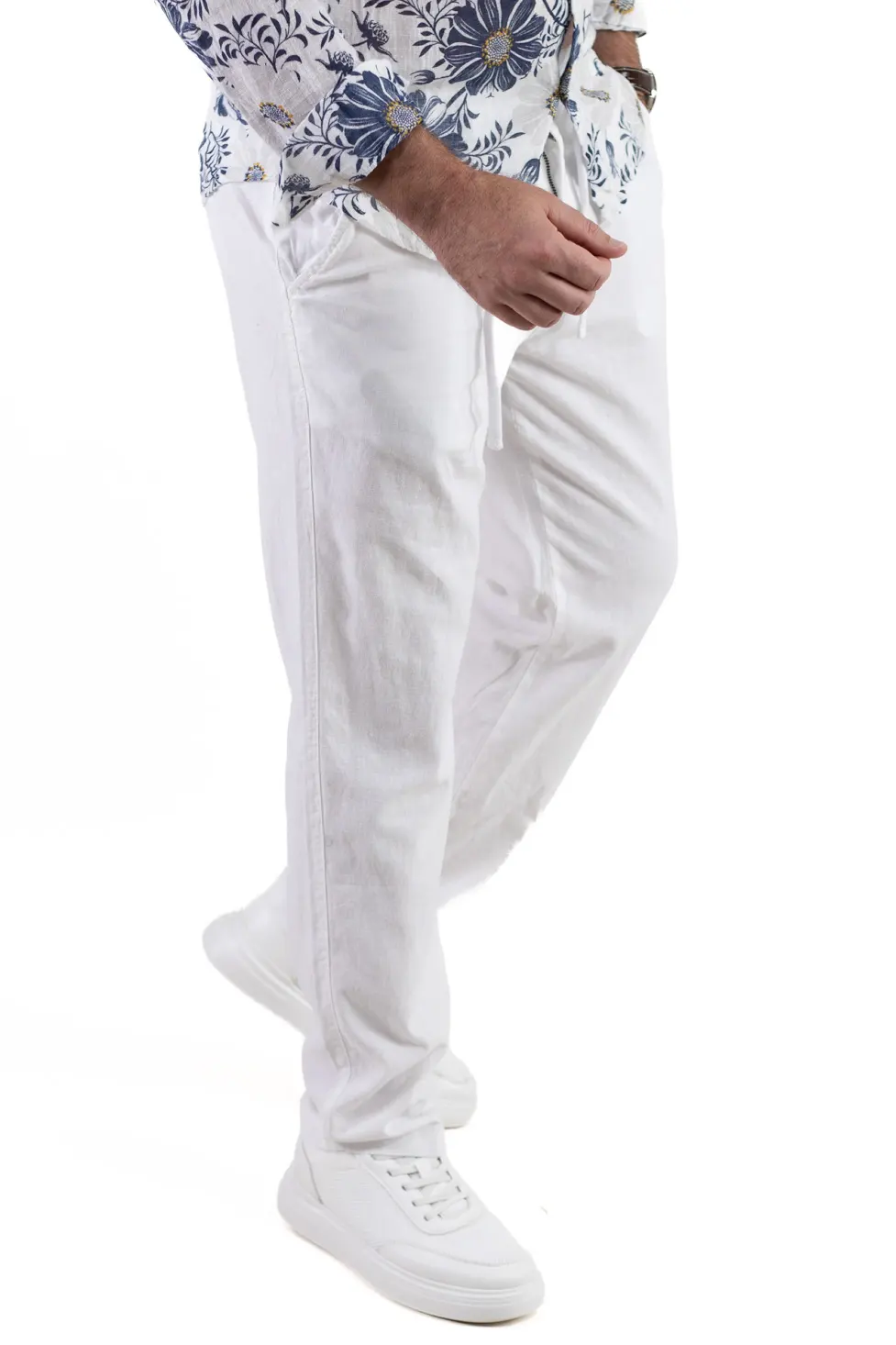 Pantaloni din in și bumbac regular fit –albi [2]