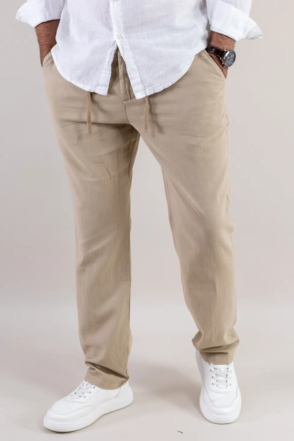 Pantaloni din in și bumbac regular fit – bej [8]