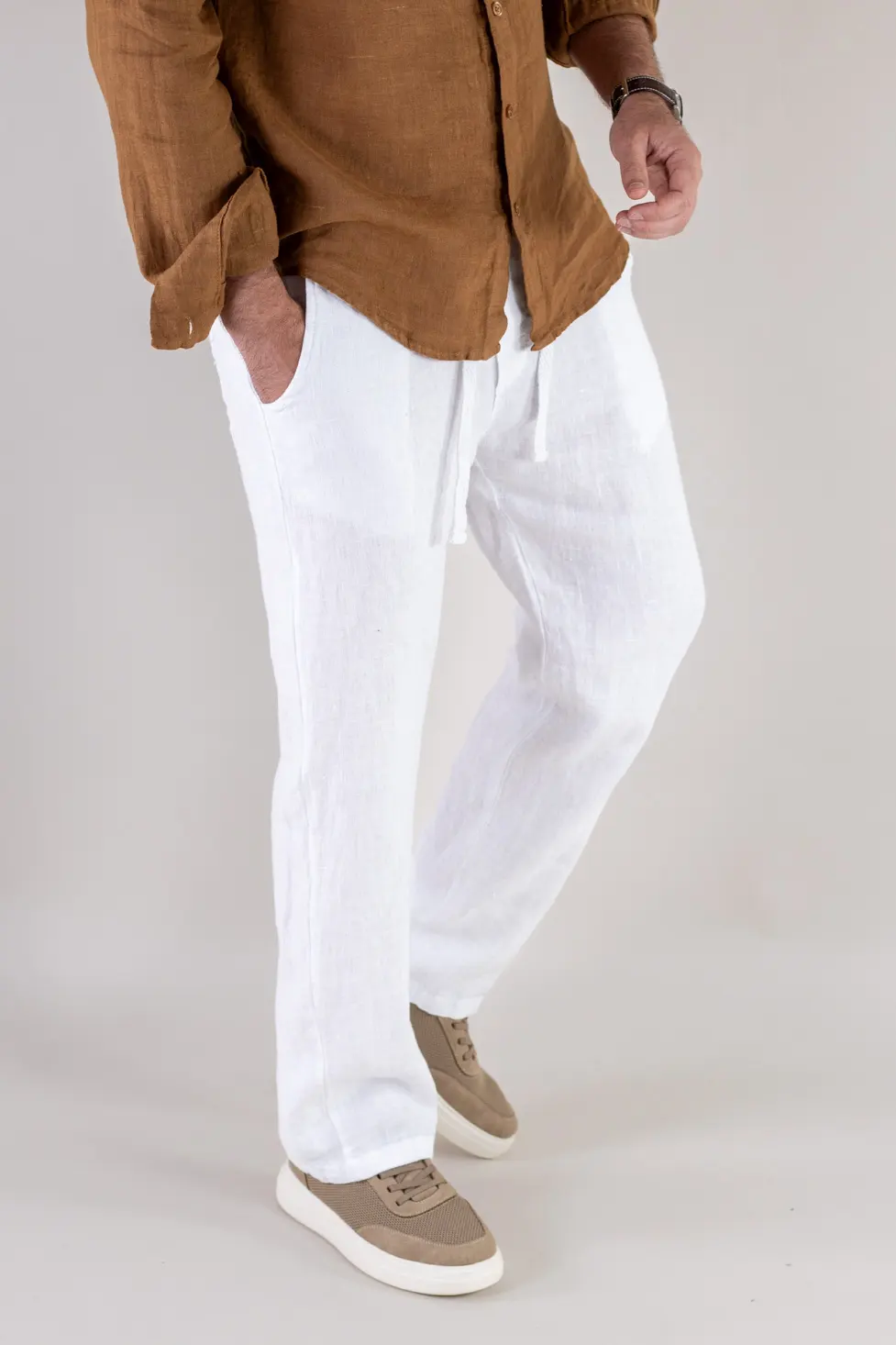 Pantaloni albi din in 100% regular fit – Made in Italy [8]