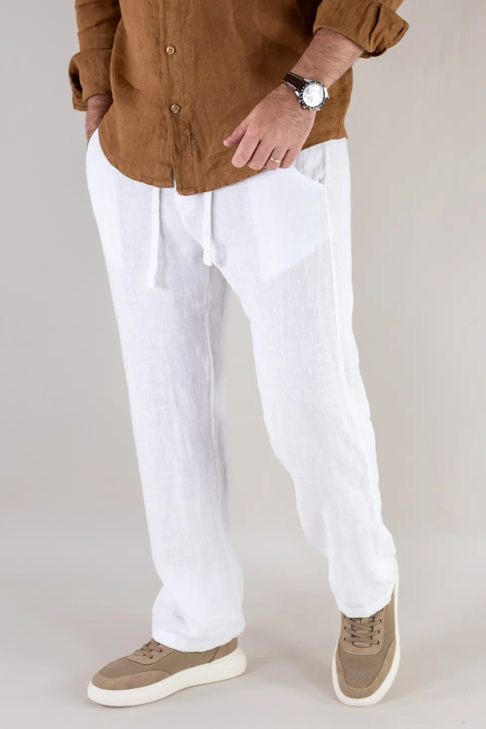 Pantaloni albi din in 100% regular fit – Made in Italy [7]