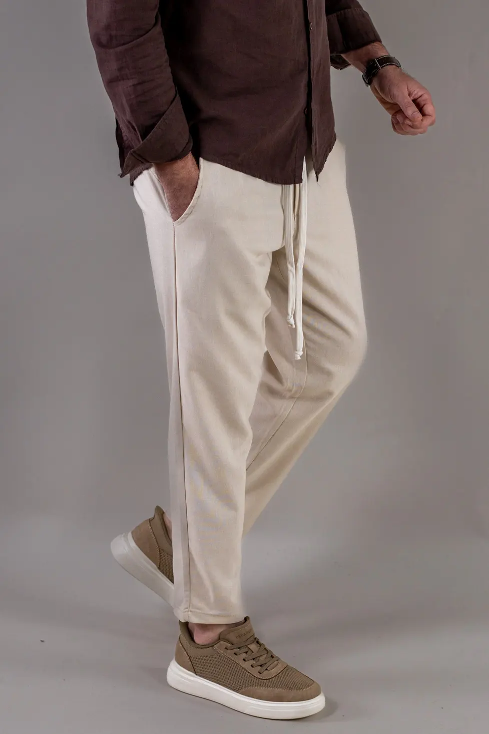 Pantaloni casual crem din in și viscoză pentru bărbați [5]