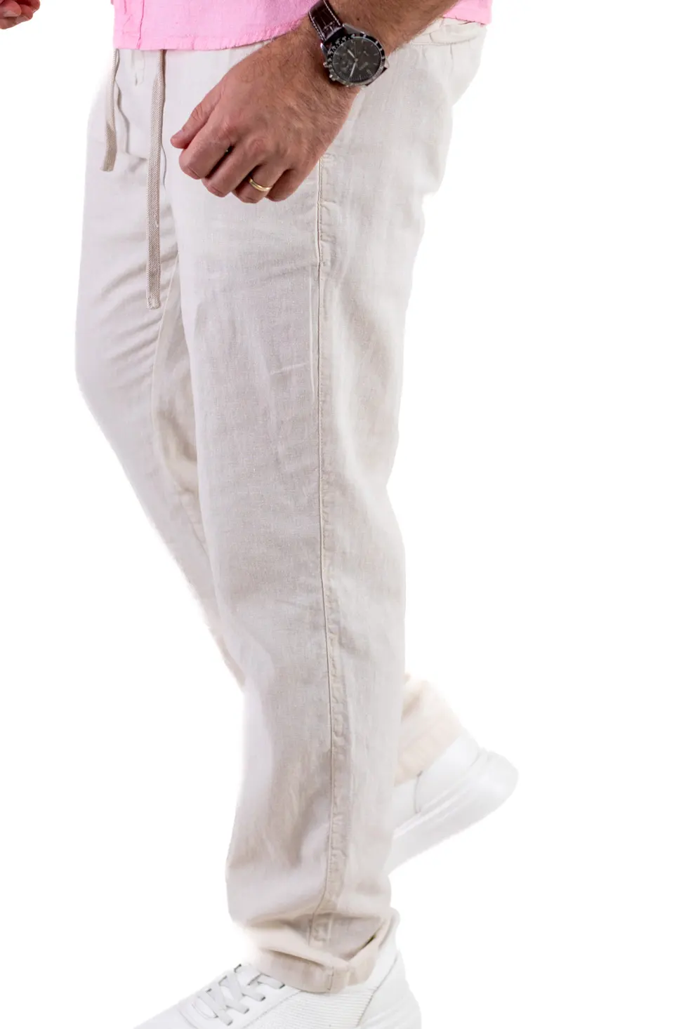 Pantaloni din in și bumbac regular fit – crem [3]