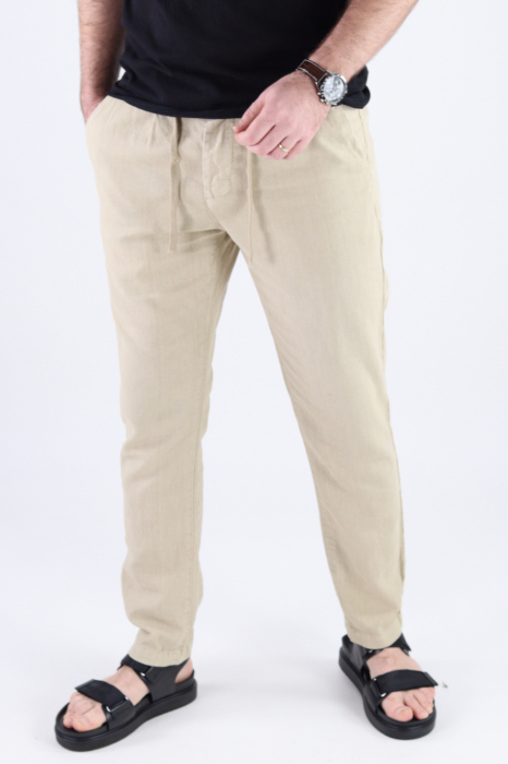 Pantaloni lungi din in crem [4]