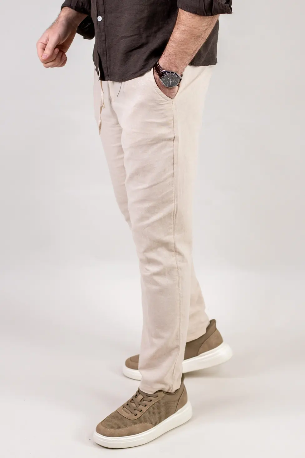 Pantaloni Bărbați In și Bumbac, Regular Fit, Talie Elastică cu Șnur, Bej/Cream, Colecția de Vară [2]