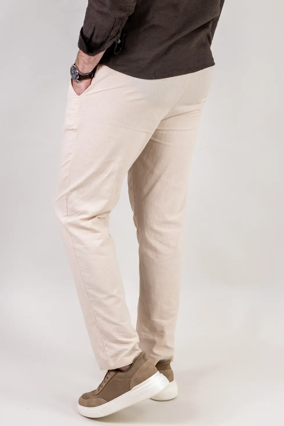 Pantaloni Bărbați In și Bumbac, Regular Fit, Talie Elastică cu Șnur, Bej/Cream, Colecția de Vară [5]