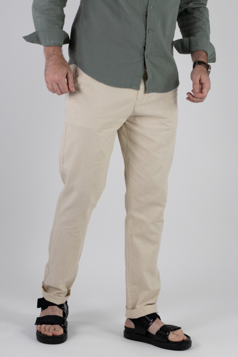 Pantaloni lungi din in crem [5]