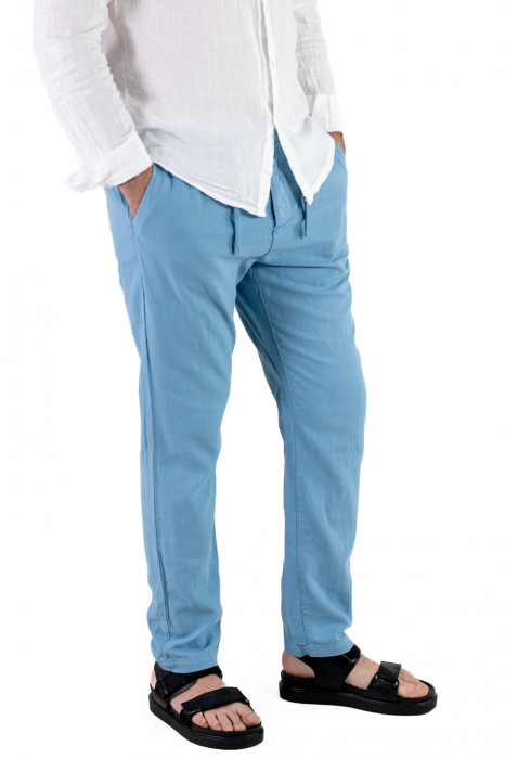Pantaloni lungi din in regular fit albastru ciel [3]