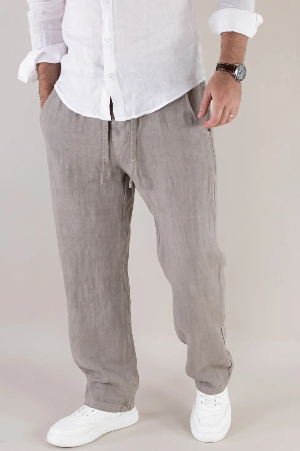 Pantaloni gri din in 100% regular fit – Made in Italy [8]