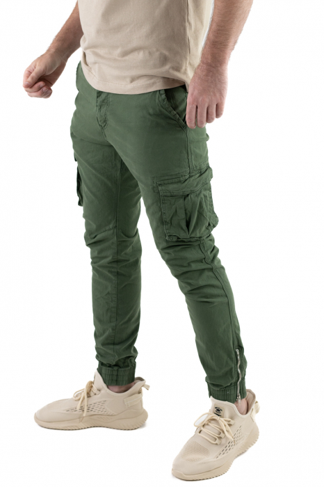 Pantaloni verzi cu buzunare cargo si fermoar la glezna [2]