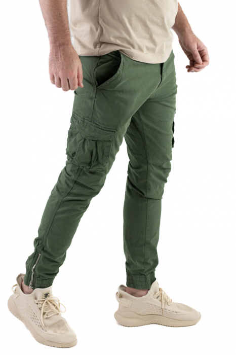 Pantaloni verzi cu buzunare cargo si fermoar la glezna [4]
