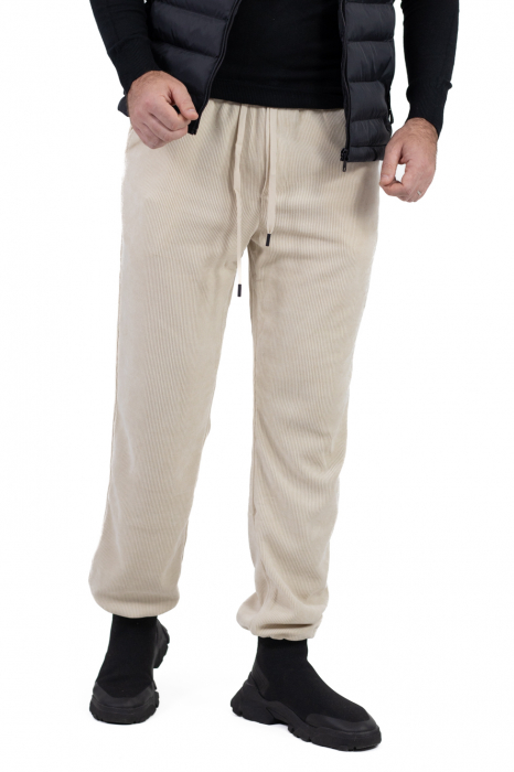 Pantaloni crem din material reiat cu ajustare elastică la gleznă [2]