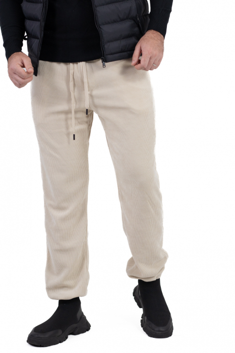 Pantaloni crem din material reiat cu ajustare elastică la gleznă [5]