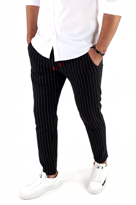 Pantaloni negri lungi casual cu dungi albe [3]