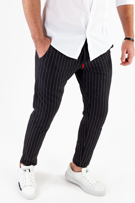 Pantaloni negri lungi casual cu dungi albe [6]