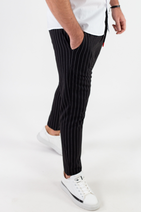 Pantaloni negri lungi casual cu dungi albe [7]