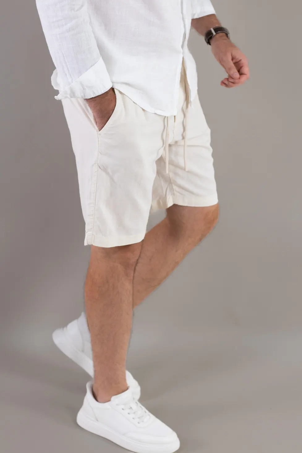 Pantaloni scurți din in și bumbac – crem [8]