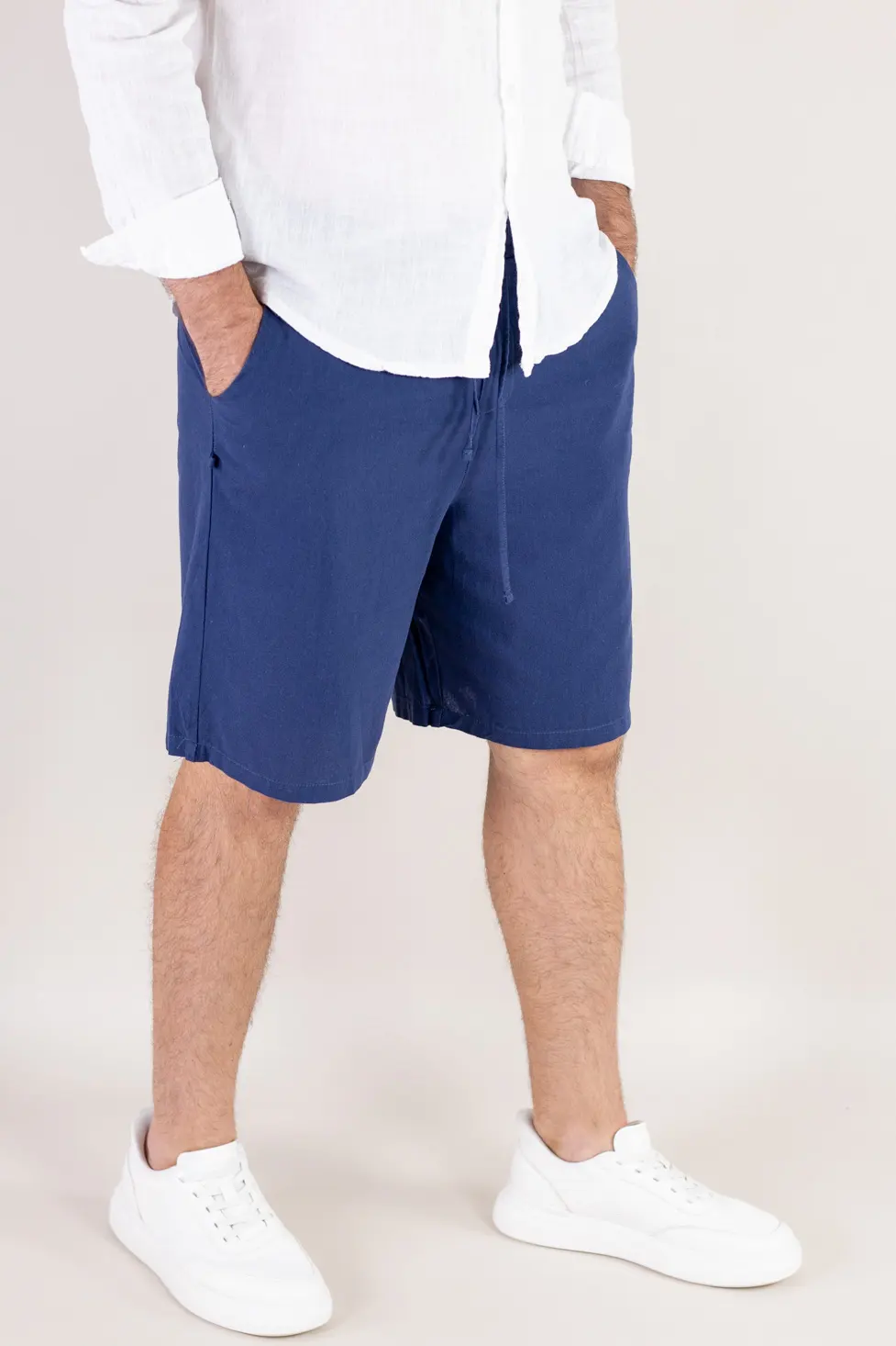 Pantaloni scurți din in și bumbac relaxed fit bleumarin [2]