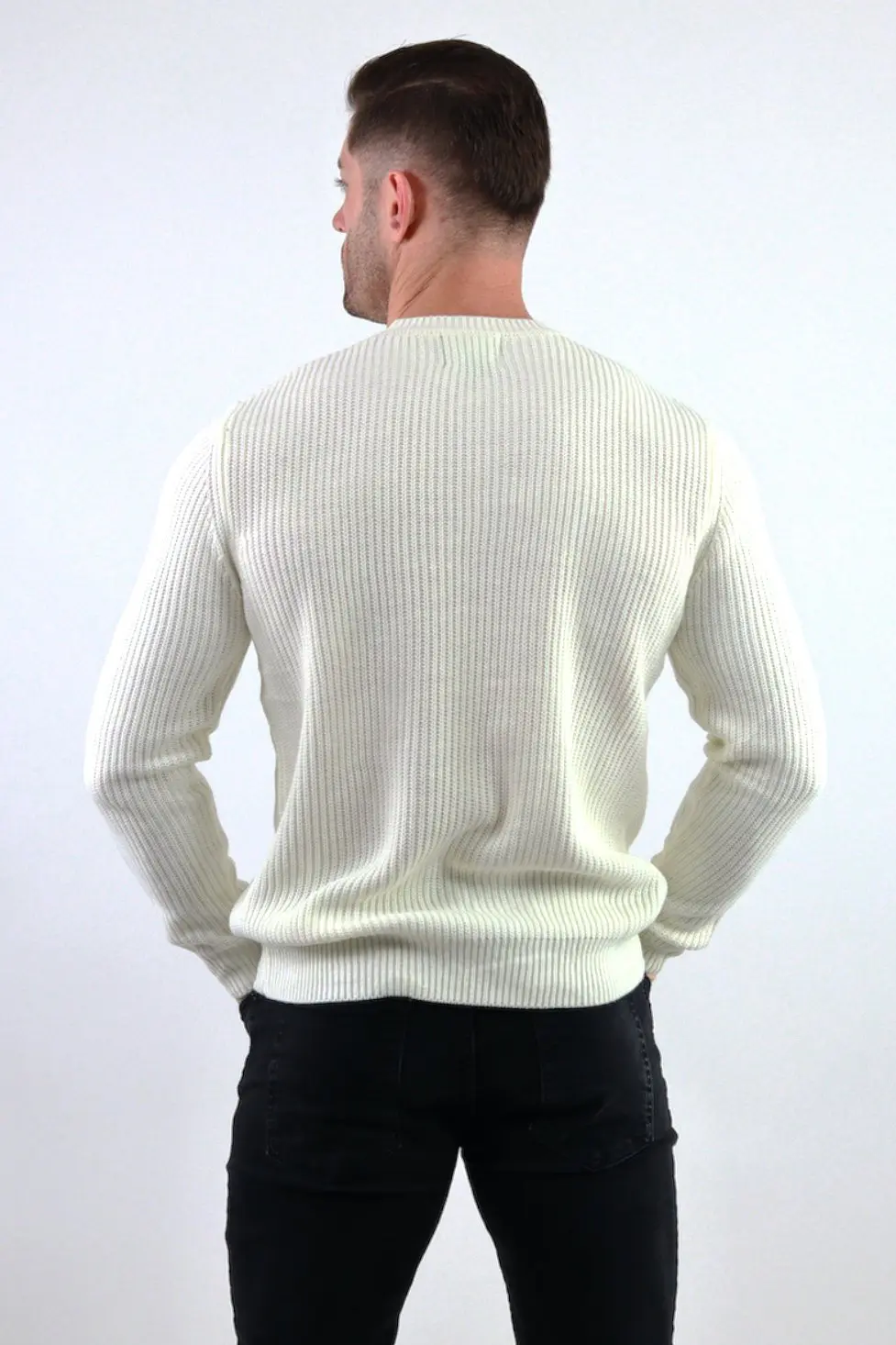 Pulover alb gros din tricot cu guler rotund barbati [5]