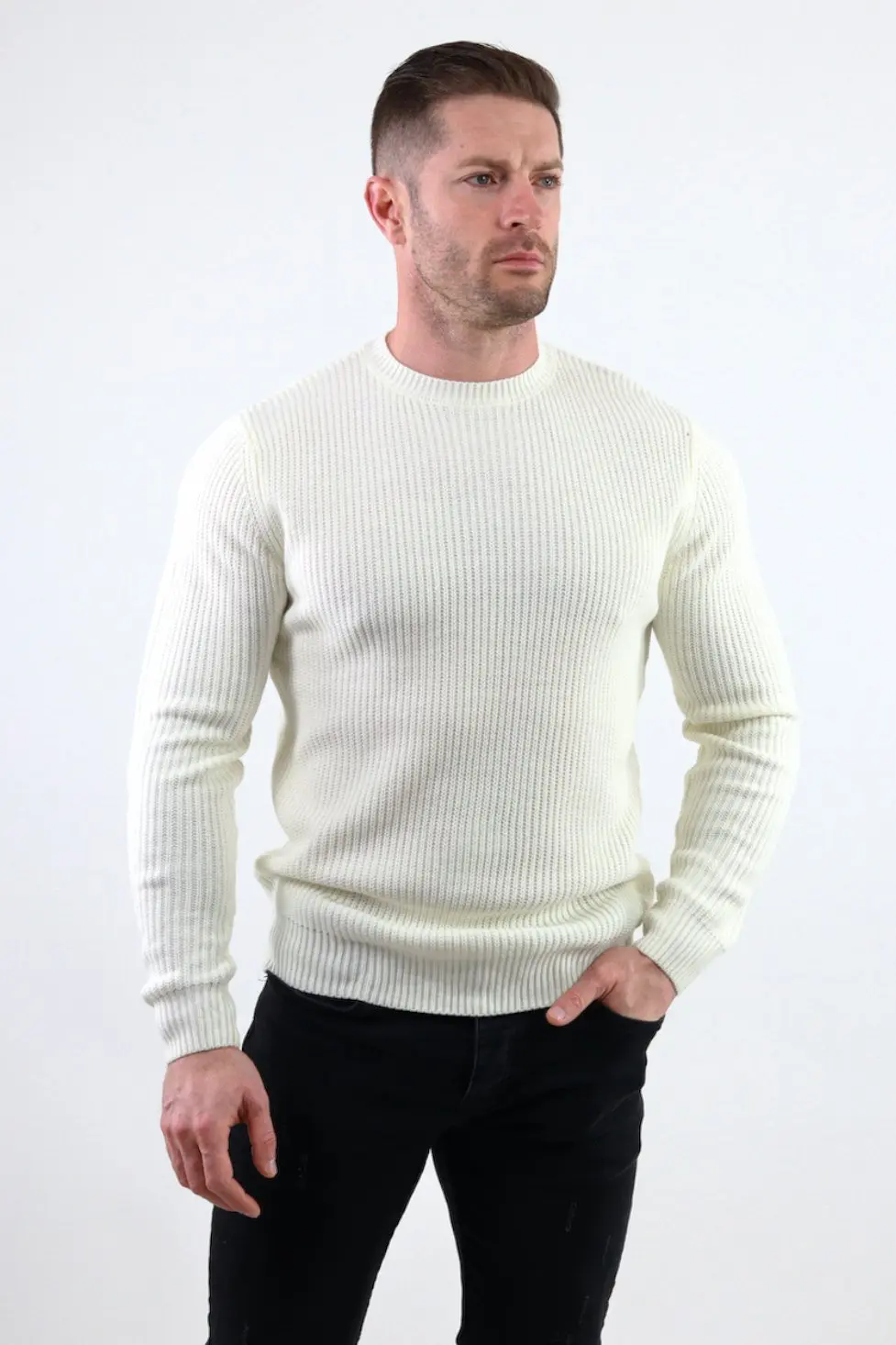 Pulover alb gros din tricot cu guler rotund barbati [1]