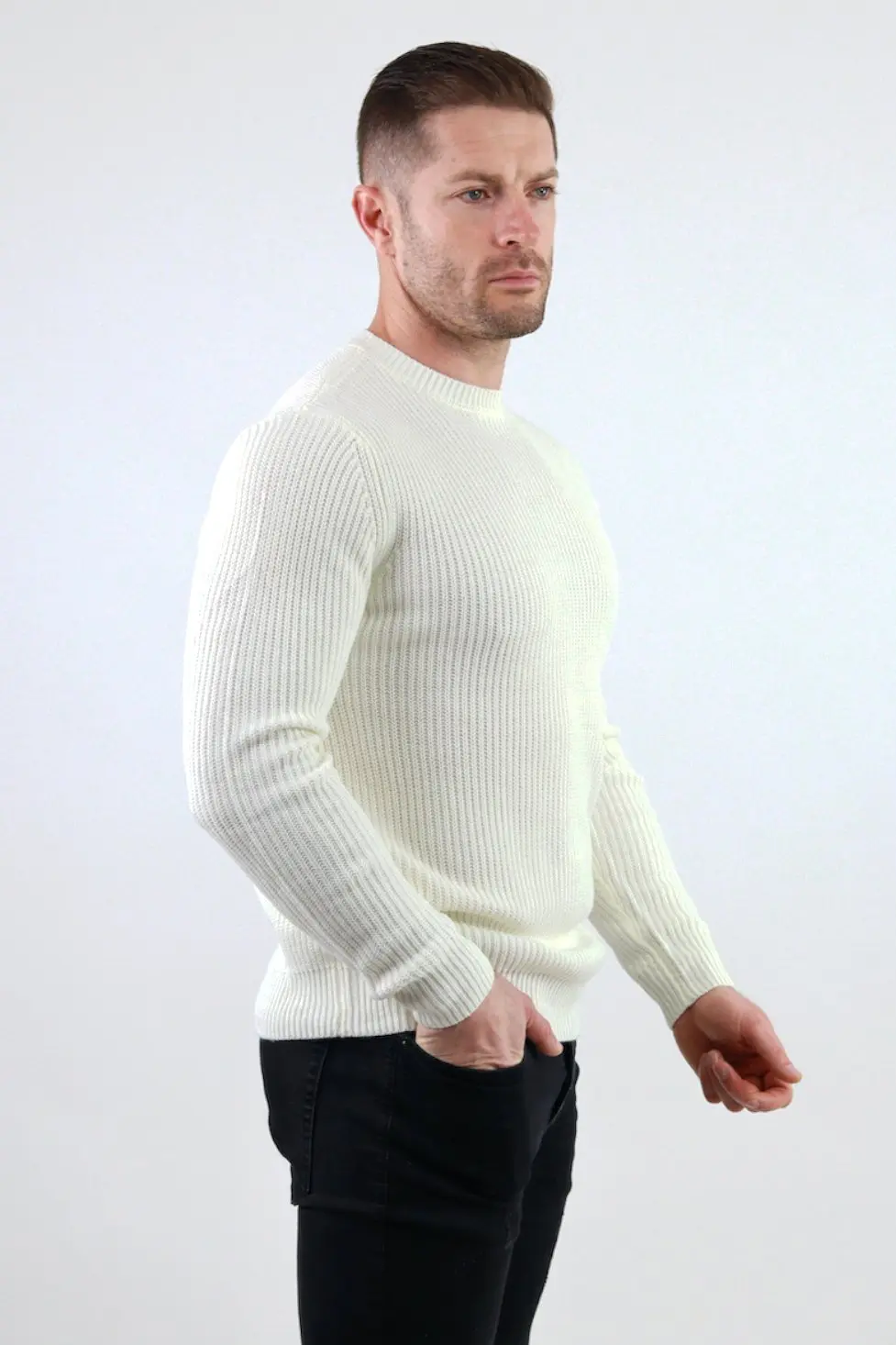 Pulover alb gros din tricot cu guler rotund barbati [4]