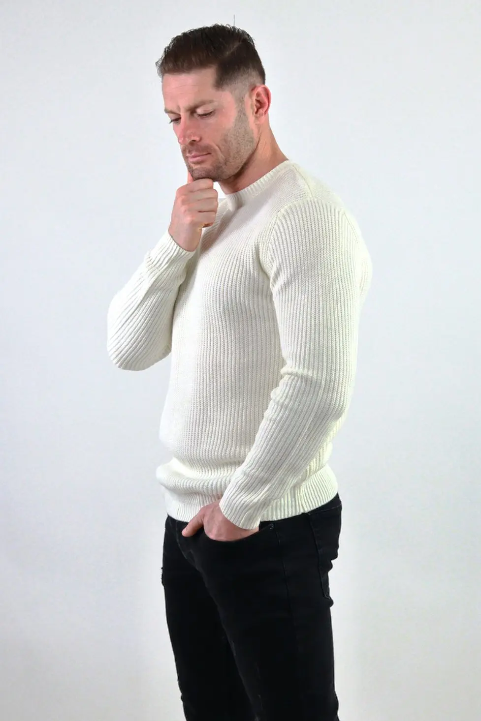 Pulover alb gros din tricot cu guler rotund barbati [2]