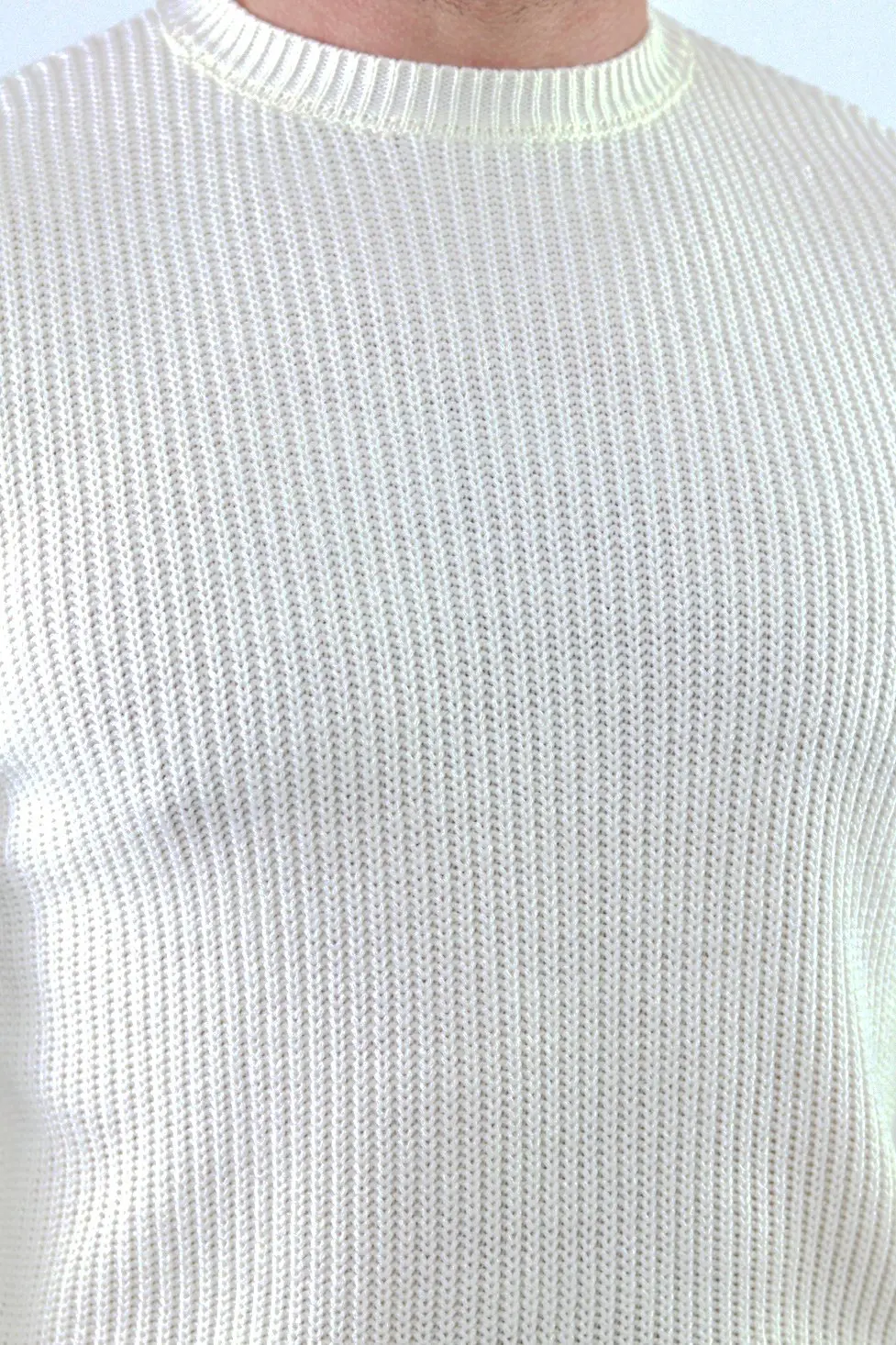Pulover alb gros din tricot cu guler rotund barbati [3]