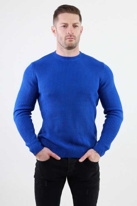 Pulover albastru gros din tricot cu guler rotund barbati [2]