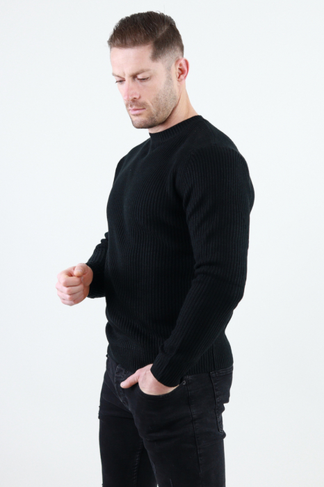 Pulover negru gros din tricot cu guler rotund barbati [4]