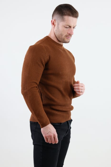 Pulover maro gros din tricot cu guler rotund barbati [2]