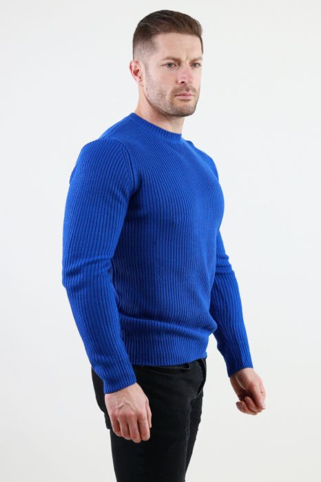 Pulover albastru gros din tricot cu guler rotund barbati [4]