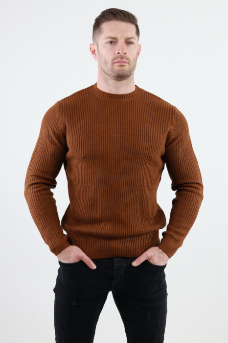 Pulover maro gros din tricot cu guler rotund barbati [5]